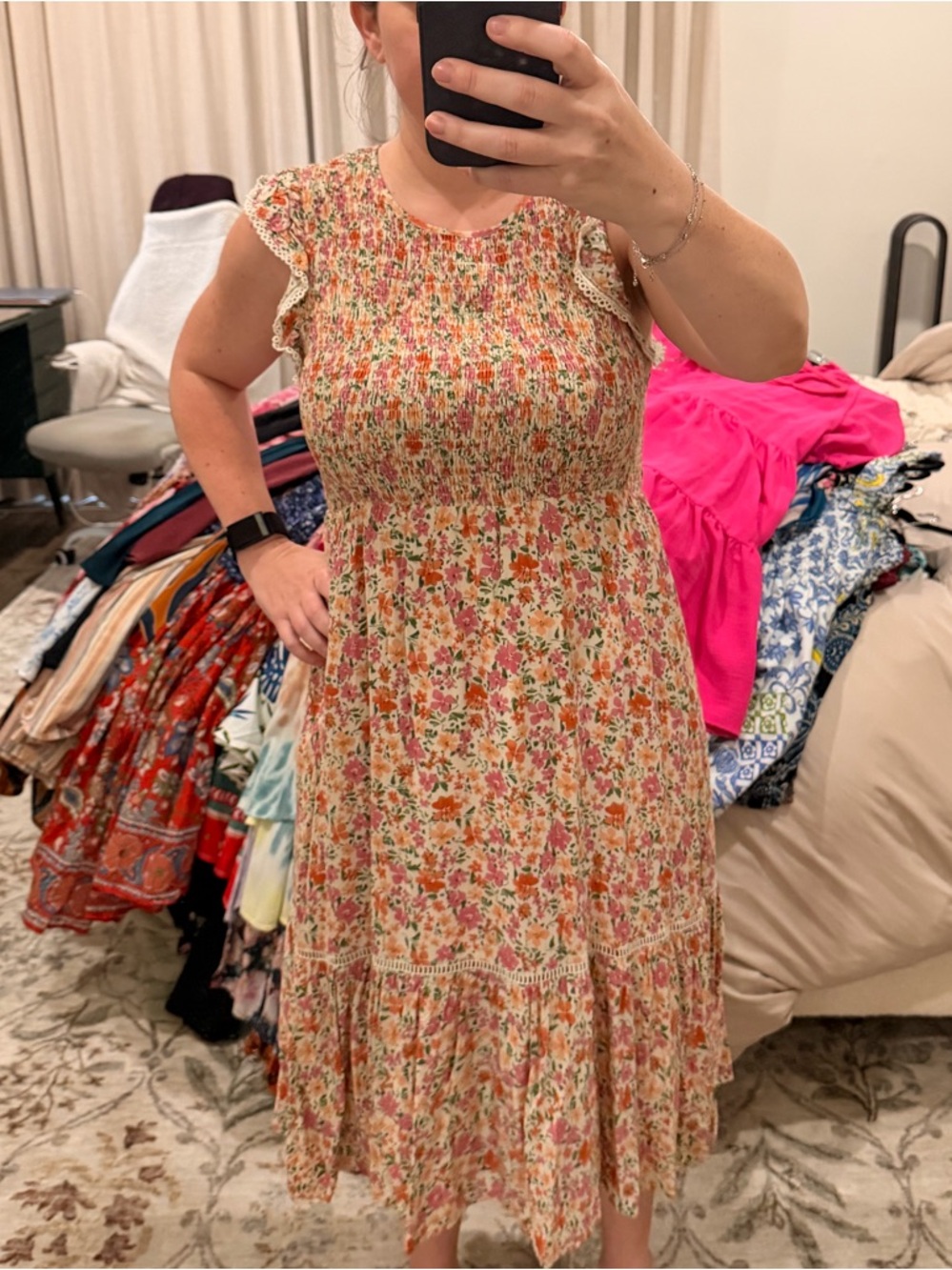 Lost + Wander Peach Floral Smocked Midi Dress